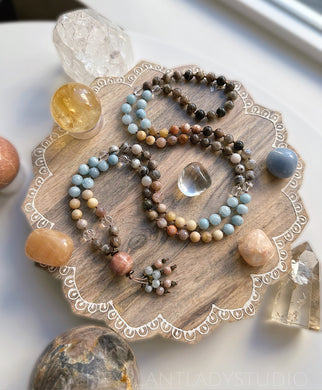 Ocean Sunrise - 108 Mala Bead Necklace - AAA Clear Quartz, Black Moonstone, Aquamarine,