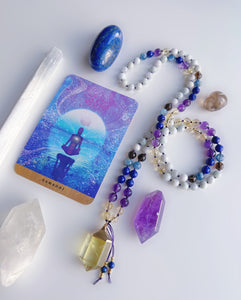 Cosmic Consciousness - AAA Lapis Lazuli, Amethyst, Citrine, Kyanite, Smoky Quartz, & Natural Jade - 108 Mala Bead Necklace - 24k Gold Citrine