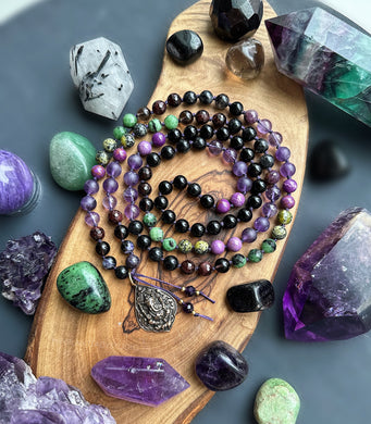 Divinity Within - Charoite, Smoky Quartz, Garnet, Amethyst, Phosphosiderite, Ruby Zoisite, Yellow Turquoise, Tourmalinated Quartz, Onyx 108 Mala Necklace + Bronze Ganesha Pednant