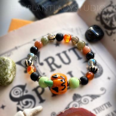 Pumpkin King - Tibetan Agate, AAA Carnelian, AAA Sunstone, Green Garnet, Matte Onyx, Green Aura Quartz, Stretch Mala Bracelet