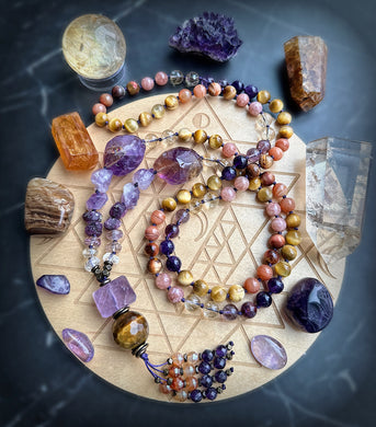 Mystic Winds of Ancient Egypt - Ametrine + Ruby + Tigers Eye + Citrine 108 Mala Bead Necklace - Amethyst + Carnelian Beaded Tassel