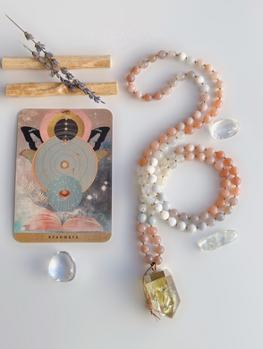 Sacred Light - Moonstone, Mother of Pearl, & Natural Jade - 108 Mala Bead Necklace - 24k Gold Rainbow Citrine
