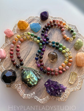 Energy Shift - 108 Rainbow Gemstone Mala Necklace - Tibetan Style Labradorite Buddha Carving