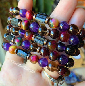 Autumn Enchantress Bracelet - Black Tourmaline + Rainbow Tigers Eye + Amethyst