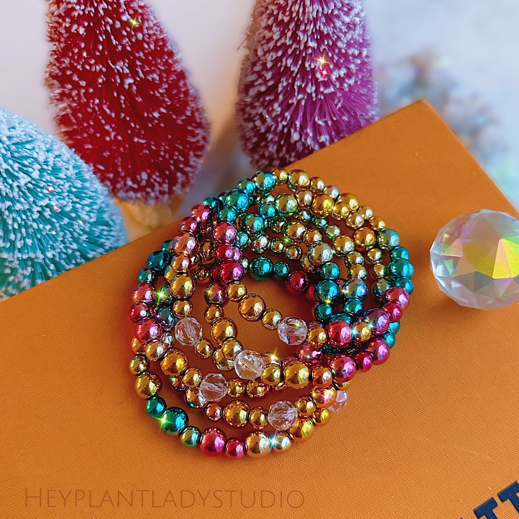 MADE TO ORDER - Sparkle with JOY - AAA Clear Quartz + Hematite Stretch Mala Bracelet