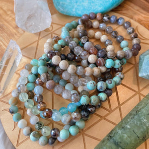 Peaceful Meadow - 8mm Prehnite, Rainbow Moonstone, Labradorite, Mystic Mocha Agate, Mystic Aqua Agate - Stretch Bracelet