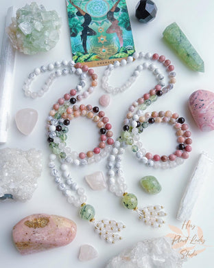 Love + Light 108 Mala - Prehnite, Pink Opal, Howlite, Rhodonite, Garnet + Prehnite Guru + Rainbow Moonstone/Rose Quartz Tassel