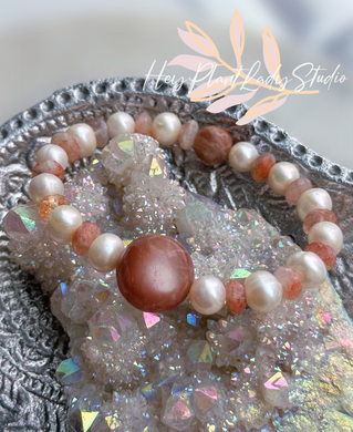 Joyful + Optimistic - 16mm Peach Moonstone + Freshwater Pearl + Sunstone Stretch Mala Bracelet