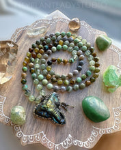 Load image into Gallery viewer, Patience + Luck + Wisdom - Prehnite, Chrysocolla, Green Garnet, Grossular Garnet, Green Banded Agate, Bamboo Leaf Agate 108 Mala Necklace - Tibetan Style Labradorite Elephant