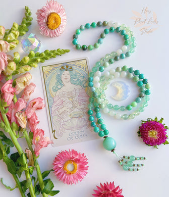 Luna Moth - Mystic Chrysoprase + Cream Moonstone + Strawberry Quartz + Prehnite + Green Garnet Mala Necklace
