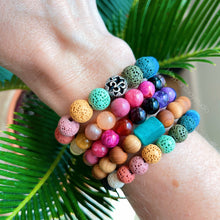 Load image into Gallery viewer, Chunky Rainbow Lava Bead Diffuser + Sterling Silver OM Charm Stretch Mala Bracelet