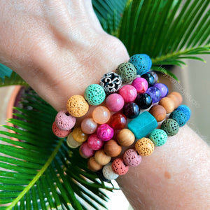 Chunky Rainbow Lava Bead Diffuser + Sterling Silver OM Charm Stretch Mala Bracelet