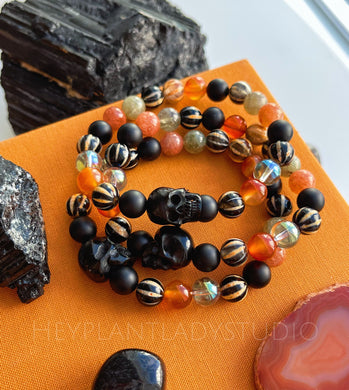 Catacombs - Hand Carved Horn Skull, Tibetan Agate, AAA Carnelian, AAA Sunstone, Green Garnet, Matte Onyx, Green Aura Quartz, Stretch Mala Bracelet