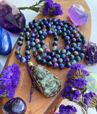 Peaceful Buddha -Tibetan Labradorite Buddha Carving - Galaxy Tigers Eye + AAA Amethyst + Blue Aura Quartz 108 Mala Necklace