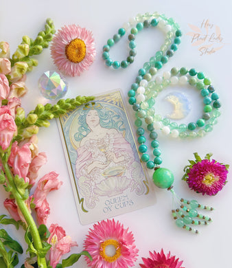 Luna Moth - Mystic Chrysoprase + Cream Moonstone + Strawberry Quartz + Prehnite + Green Garnet Mala Necklace