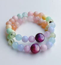 Load image into Gallery viewer, Gem Lepidolite + Pastel Rainbow Stretch Mala Bracelet