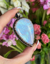 Load image into Gallery viewer, 60mm Rainbow Moonstone 925 Sterling Silver Lotus Pendant