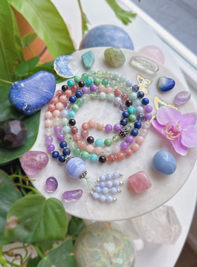 Peaceful Orchid - Blue Lace Agate + Thai Silver +  Prehnite, Fluorite, Strawberry Quartz, Aquamarine 108 Mala Bead Necklace - Blue Lace Agate Beaded Tassel