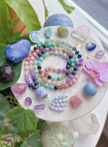 Peaceful Orchid - Blue Lace Agate + Thai Silver +  Prehnite, Fluorite, Strawberry Quartz, Aquamarine 108 Mala Bead Necklace - Blue Lace Agate Beaded Tassel