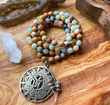 Load image into Gallery viewer, Tranquility Mala Necklace - Amazonite + Picture Jasper + Tibetan Ashtamangala Pendant