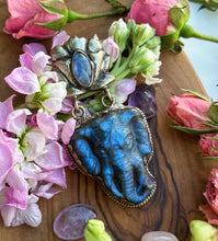 Load image into Gallery viewer, 80mm Labradorite Elephant + Rainbow Moonstone Lotus Pendant