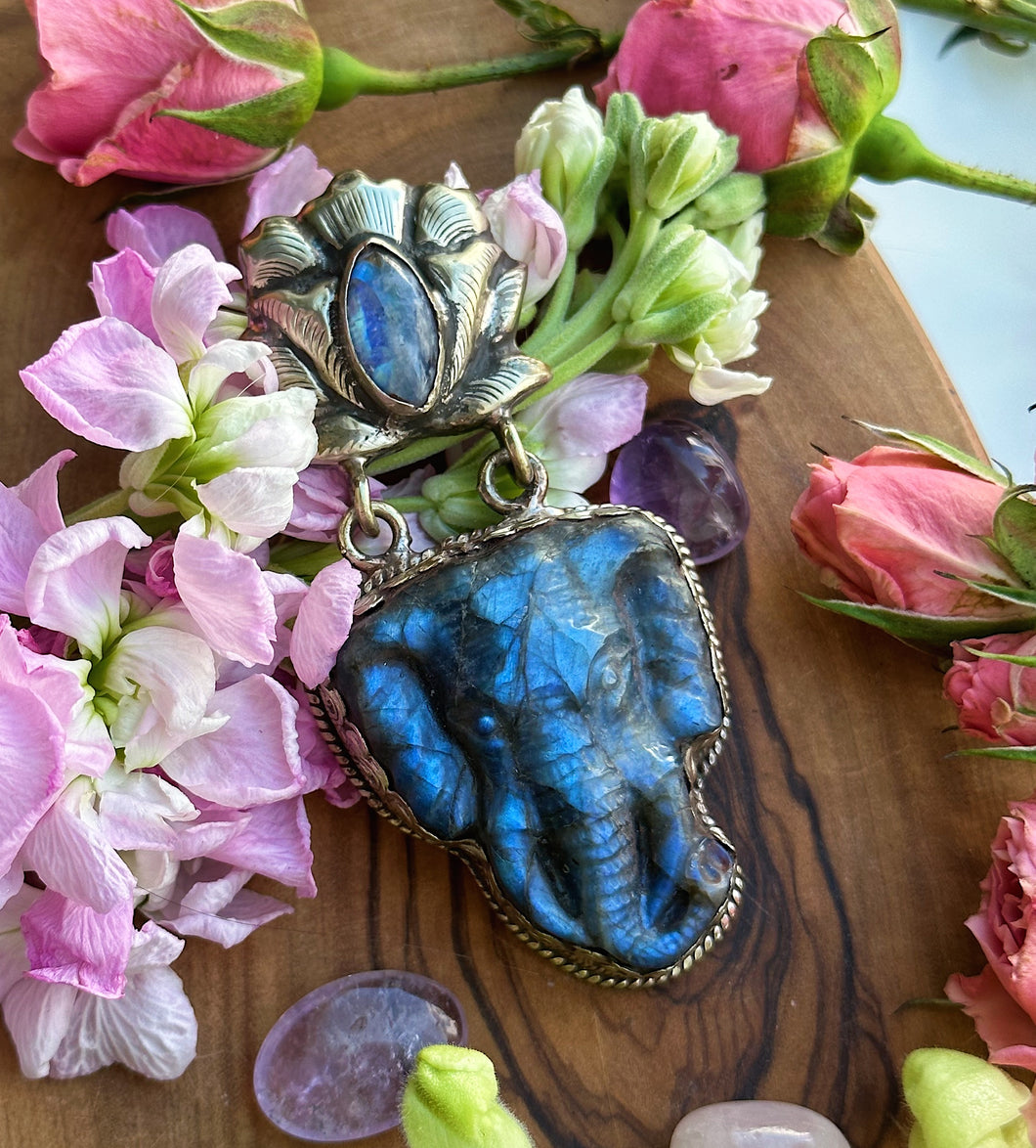 80mm Labradorite Elephant + Rainbow Moonstone Lotus Pendant
