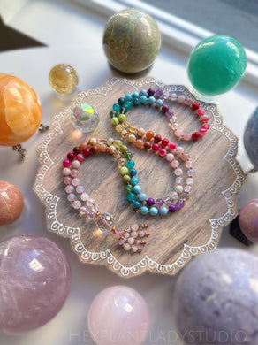Reclaiming Joy - 108 Mala Bead Necklace - Gemstone Rainbow + Clear Quartz Guru