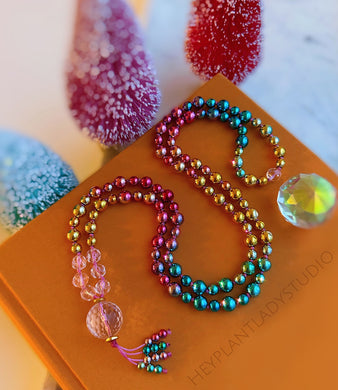 Sparkle with JOY - 32” AAA Clear Quartz + Rainbow Hematite 108 Mala Bead Necklace - Beaded Tassel