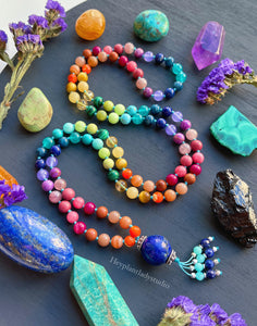 Rainbow Azul - 19mm Lapis Lazuli + Rainbow Gemstone 108 Mala Bead Necklace - Amazonite + Lapis Lazuli Beaded Tassel (40") - Turquoise Cord