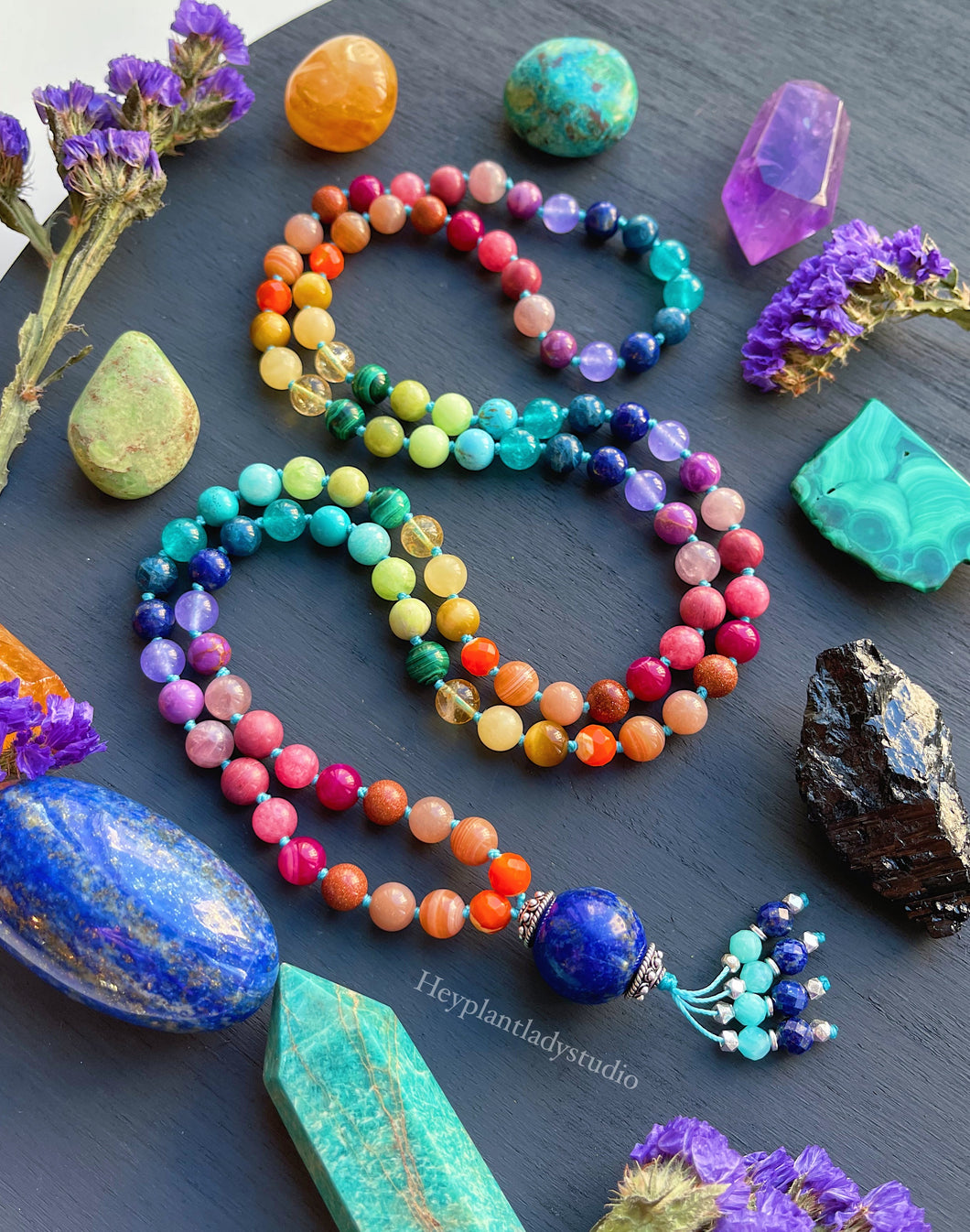 Rainbow Azul - 19mm Lapis Lazuli + Rainbow Gemstone 108 Mala Bead Necklace - Amazonite + Lapis Lazuli Beaded Tassel (40