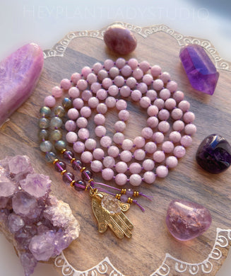 Heart Expansion - Diamond Cut Kunzite, Amethyst, Labradorite 108 Mala Bead Necklace - 24k Gold Overlay Hamsa + 24K Gold Herkimer Diamond