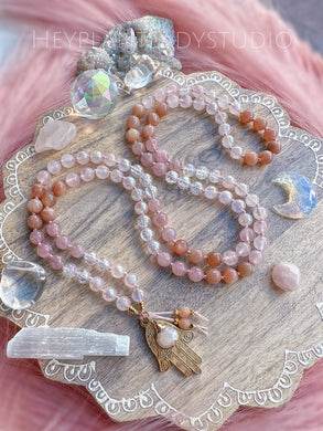 RESERVED - Goddess Within - 108 Mala Bead Necklace - 24k Gold Overlay Hamsa + Peach Moonstone