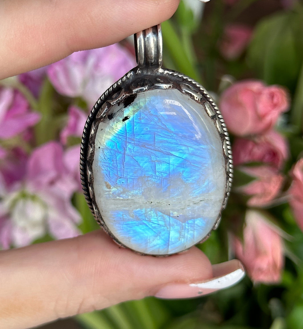53mm Rainbow Moonstone 925 Sterling Silver Pendant