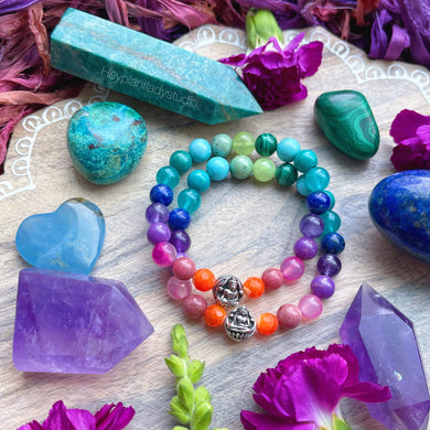 Buddha - 925 sterling - Rainbow Gemstone Stretch Mala Bracelet