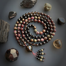 Load image into Gallery viewer, Midnight Crimson - AAA Smoky Quartz, Garnet, Red Tourmaline, AAA Onyx, Pyrite, and Hematite 8mm 108 Mala Necklace