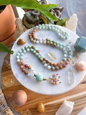 Hope with the Sunrise - Celestite, Chrysoprase, Golden Rutile Quartz, Peach Moonstone, Green Moonstone, Picture Jasper, Fossil Coral, Fossil Agate, Aquamarine, Amazonite
