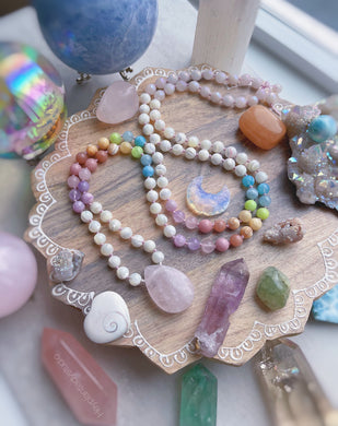 Candy Clouds - 108 Mala Bead Necklace -Rose Quartz Guru - Mother of Pearl, Kunzite, Pink Opal, Aura Rose Quartz, Lavender Amethyst, Aquamarine, Yellow Calcite, Aqua Fire Agate, Peach Moonstone, Golden Mother of Pearl, Green Calcite