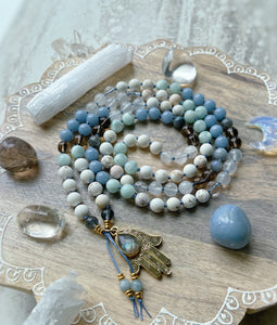Divine Bliss  - 108 Mala Bead Necklace - 24k Gold Overlay Hamsa + Labradorite