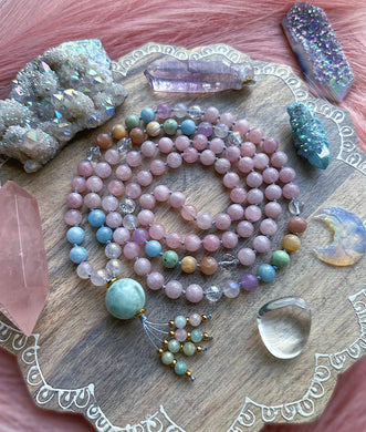 Sunset Reflections - 108 Mala Bead Necklace - AAA Clear Quartz, Aura Rose Quartz, Lavender Amethyst, Aquamarine, Grossular Garnet, Peach Moonstone, Golden Mother of Pearl, Aura Quartz