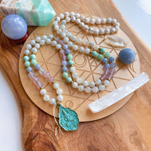 Load image into Gallery viewer, Ethereal Energy - Green Rainbow Moonstone, Blue and Lavender Chalcedony, Dragons Egg Agate, Angelite, Jade, Howlite, Brass Buddha