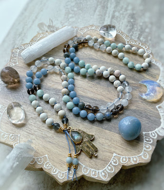 Divine Bliss  - 108 Mala Bead Necklace - 24k Gold Overlay Hamsa + Labradorite