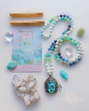 Gates of Lemuria - 108 Gemstone Mala Necklace - Tibetan Style Labradorite Buddha Carving