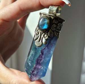 80mm Blue Rainbow Fluorite + Labradorite Pendant