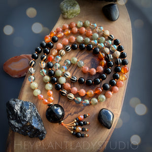 Magic in the Air - AAA Sunstone, AAA Carnelian, Green Garnet, Green Aura Quartz108 Mala Bead Necklace
