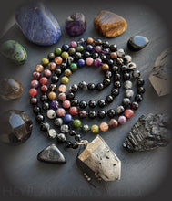 Load image into Gallery viewer, Balanced Mind - Tourmalinated Quartz + Jewel Tone Rainbow- 108 Mala Bead Necklace