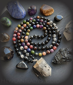 Balanced Mind - Tourmalinated Quartz + Jewel Tone Rainbow- 108 Mala Bead Necklace