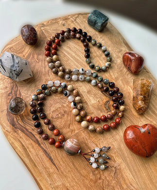 Energy of Jupiter - Red Jasper, Petrified Wood, Tourmalinated Quartz, Jasper, Eagle Eye, Tigers Eye, African Opal 108 Mala Bead Necklace - Banded Agate Guru - Moonstone + Labradorite Beaded Tassel