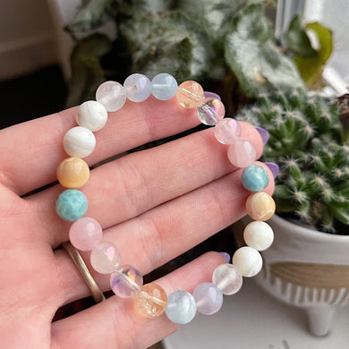 RESERVED - Larimar, Aura Rose Quartz, Mother of Pearl, Blue Chalcedony, Aura Quartz, Citrine, Aquamarine, Rose Quartz, Selenite, Gemstone Bracelet