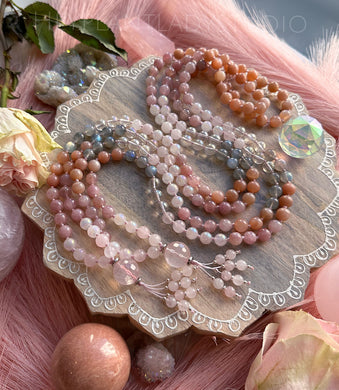 Glowing Goddess - Peach Moonstone, Labradorite, Madagascar Rose Quartz, Aura Quartz, Aura Rose Quartz + Rose Quartz Beaded Tassel