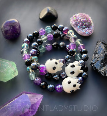 Ghostie Bracelet - Lampwork Glass Ghost, Amethyst, Green Aura Quartz, Rainbow Fluorite, Onyx, Mystic Purple and Black Agate  Stretch Mala Bracelet